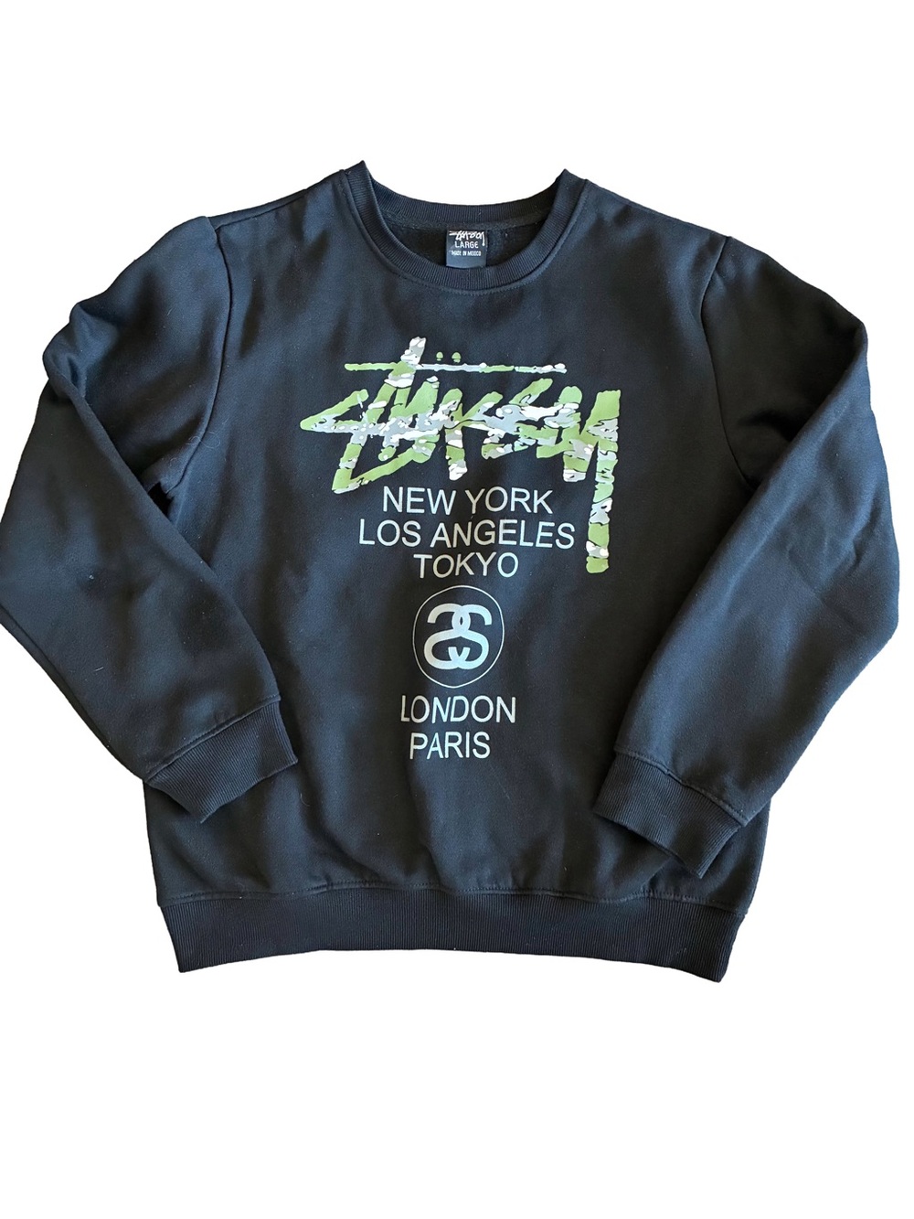 Stussy Black Crewneck Sweatshirt with Lime Green Logo